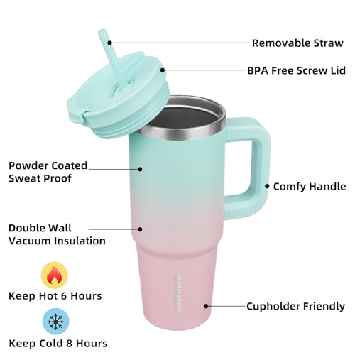 Image of BJPKPK 30 oz Stainless Steel Tumbler With Handle Insulated Tumblers With 2 Straw Travel Coffee Mug With Lid,Bubble Gum