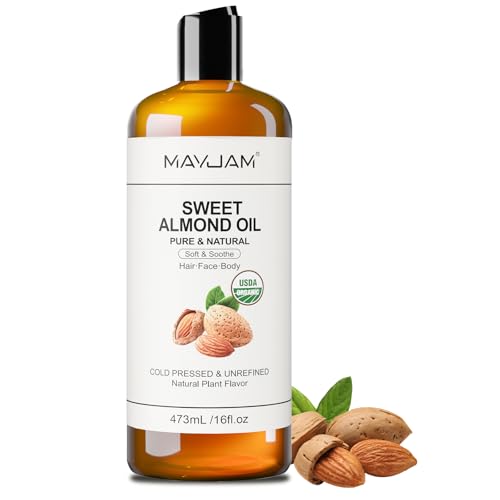 MAYJAM Sweet Almond Oil Organic 473ml, 100% Pure and Natural USDA Certified Sweet Almond Oils with Cold Pressed, Unrefined, Almond Oil Carrier Oil for Skin & Hair, Body Face & Massage