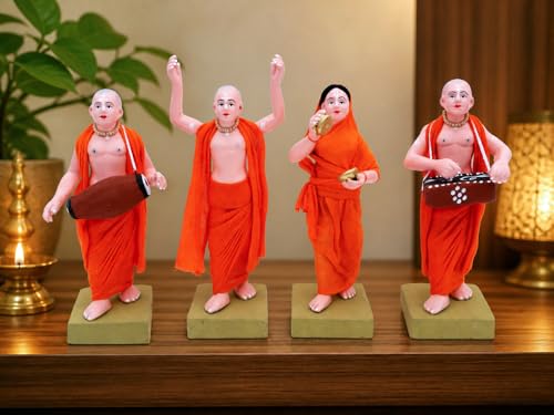 Image of Handmade Terracotta ISKCON Sankirtan Mandali Idol Set |6 Inch Clay Devotional Figurines with Fabric Dress for Mandir Decor and Gifting
