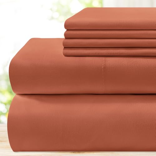 BYSURE 6 Pieces Bed Sheets Set(King Terracotta) - Hotel Luxury Super Soft 1800 Thread Count 100% Microfiber Sheets with Deep Pockets Wrinkle & Fade Resistant
