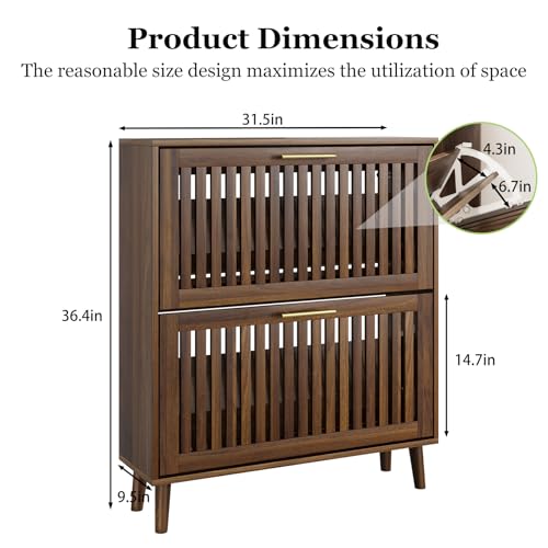Shoe Cabinet, Shoe Storage Cabinet with Louvered 2 Flip Drawers, Narrow Shoe Cabinet Storage for Entryway, Freestanding Shoe Organizer Cabinet with Golden Handles, Slim Shoe Rack Cabinet (Walnut)