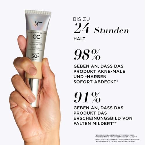 IT Cosmetics Your Skin But Better CC Cream LSF 50+, 32 ml, Hochpigmentierte Mehrzweck-Creme mit LSF 50, Getönte Anti-Aging-Tagescreme, Foundation, Concealer & Pflege in einem, Farbton Light
