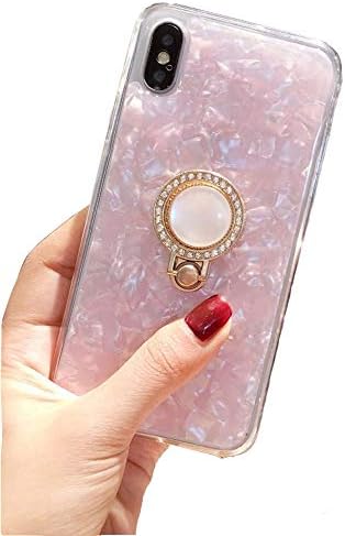 ICI-Rencontrer Shell Design iPhone X Case Magnetic Glitter Translucent Shell Skin TPU Bumper Shockproof Anti-Scratch Case with 360 Rotating Ring Stand (Pink, iPhone X)