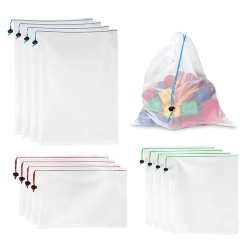 Toy Storage Bags, 12-Pack 8in /14 in / 17in Toy Mesh Bag Washable Drawstring Grocery Bags Reusable Can be Used to Store Fruits and Vegetables Toys