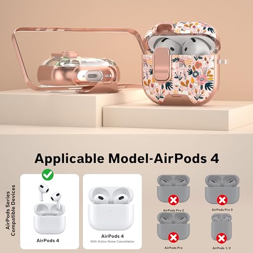 Image of for AirPods 4 Case 2025 with Safety Lock & Foldable Phone Stand, Floral | Double Drop Protection,Two-Piece Design, Airpod 4 Case with Keychain & Cleaner Kit, Support Wireless Charging, Shockproof