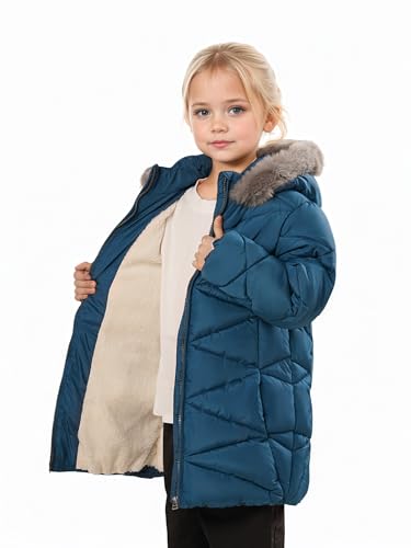 Image of SOLOCOTE Girls Winter Puffer Coat with Faux Fur Hood Sherpa Lined Parka Water-Resistant Windproof Quilted Jacket