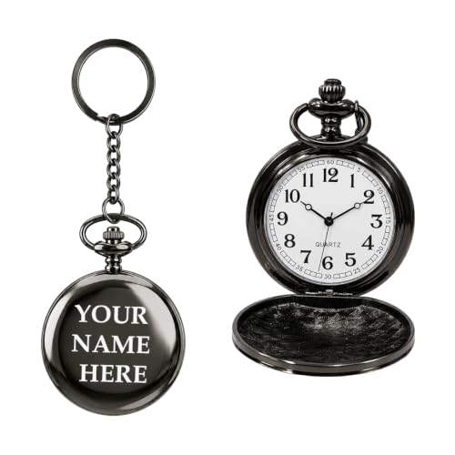 Image of Personalized Antique Analog Pocket Watch Keychain, Custom Engraved Vintage Style with Roman Numeral, Black Fob Watch for Men, Women, Groomsmen, Anniversary, Birthday Gift