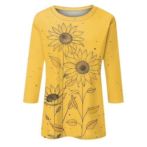 HTHLVMD Womens 3/4 Length Sleeve Tops 2025 Fall Fashion Floral Print Crewneck Causal Trendy Tunic Tops for Women