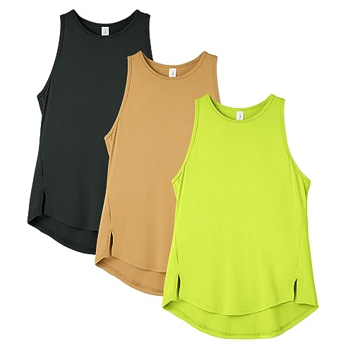 icyzone Canottiera sportiva da donna a collo alto con schiena incrociata per allenamento, yoga, corsa (confezione da 3), Nero/Cammello/Verde lime, M