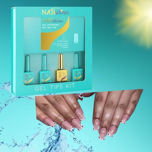 Square Medium Starter Kit | NABulous | Soft Gel Tips Kit | Square Shaped | Medium Length |Complete Nail Kit | pH Bonder | Primer | Extend Gel | Top Coat | Clear, DIY (Square Medium)
