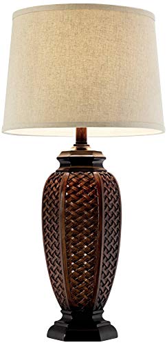 Regency Hill Tropical Natural Cottage Jar Table Lamps 29" Tall Set of 2 Weathered Brown Woven Wicker Beige Linen Fabric Drum Shade Decor for Living Room Bedroom House Bedside Nightstand Home - Image 5