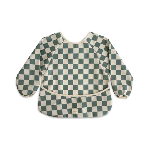 mushie Long Sleeve Baby Bib | Water Resistant Adjustable Fit for Ages 6-24 Months (Olive Check)