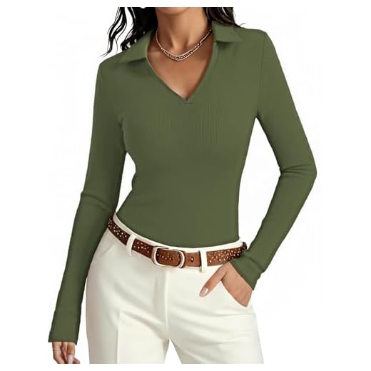 Aottori Polo Femme Col en V Manches Longues T Shirt Côtelé Extensible Haut Élégant Sexy Top Slim Fit Pull Décontracté Vert Militaire XL