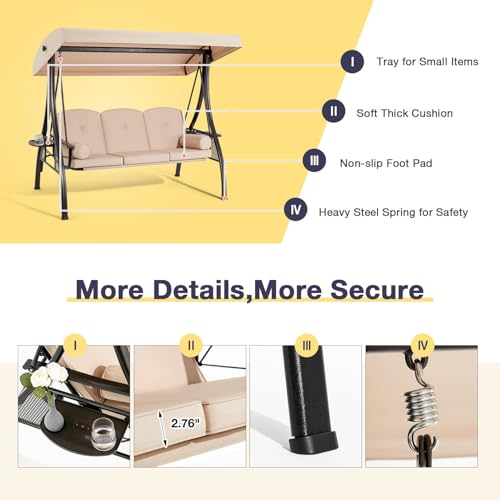 Image of HOMREST 3 Person Outdoor Porch Swing with 1.5 inch Upgraded Cup Holder, Adjustable Canopy, Backrest, Patio Swing Bed with Weather Resistant Steel Frame, Cushions for Garden,Deck and Poolside(Khaki)
