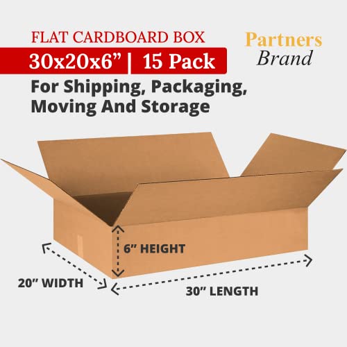 Image of PARTNERS BRAND 30x20x6 Flat Corrugated Boxes, Flat, 30L x 20W x 6H, Pack of 15 | Shipping, Packaging, Moving, Storage Box for Home or Business, Strong Wholesale Bulk Boxes