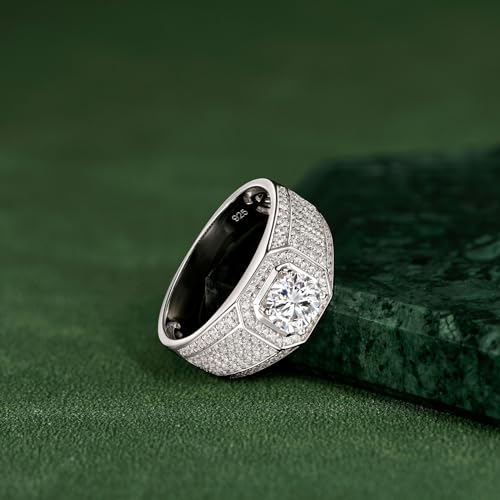 Mens Moissanite Wedding Band Engagement Ring Solitaire Stone 925 Sterling Silver Ring 1.5cttw D Color VVS1 Clarity Brilliant Round Cut Size 7-143