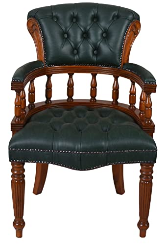 Englischer Bibliotheksstuhl Chesterfield Sessel Grün Schnitzereien Armlehnstuhl Holz Stuhl Antik mar236 Palazzo Exklusiv