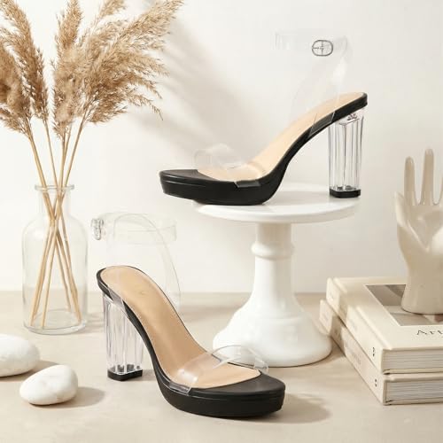 Image of ZriEy 4-Inch Platform Clear High Heels for Women Block Chunky Heeled Sandals Open Toe Ankle Strap Heels Wedding Party Evening Prom Dress Pump Sandal Shoes