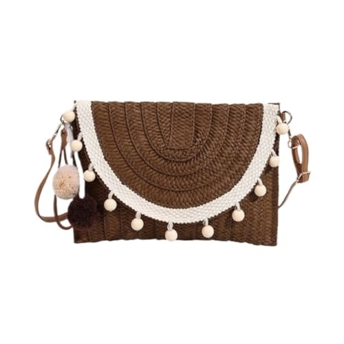 JHMYOB Bolso Paja Bolso de mano tejido a mano, bolso de paja, bolso bandolera con borlas, bolso tipo sobre Bolso Paja Mujer(Brown)
