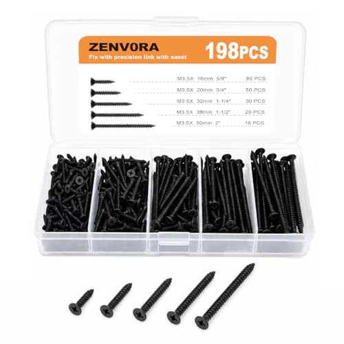 Kit de 198 tornillos negros fosfatados, surtido de múltiples tamaños para bricolaje, muebles, gabinetes, estantes, carpintería, mejora del hogar y proyectos de reparación