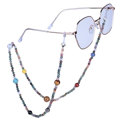 SUNYIK Natural Beads Stone Eyeglass Chain for Women Men Healing Stone Planet Beads Glass Strap Mask Lanyard Holder Necklace, Indian Agate