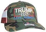 Tropic Hats Adult Embroidered Trump 2024 Save America 6 Panel Trucker Cap - Woodland Camo/US Flag