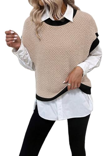 Chic Light French Beige Sweater with Batwing Sleeves and Contrast Trim