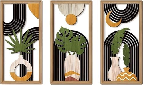 Amazon.com: Boho Abstract Wall Art Set of 3 - Modern Wooden Decor with ...