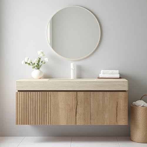 Ambrovina 48 inch Bathroom Vanity with Sink, Wall Mounted Bathroom Vanities with Drawer and 2 Doors, Roma Travertine-Pattern Countertop and Ceramic Basin, Pre-Assembled, Light Wooden Color