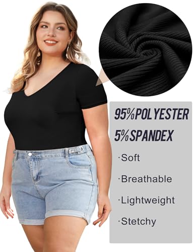 Image of COOTRY Plus Size Short Sleeve Bodysuits for Women V Neck Body Suit Tops Basic One Piece Bodysuit T Shirt