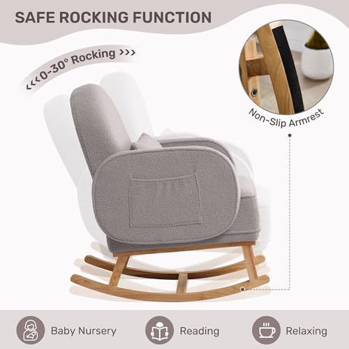 Image of HCHAIRH Nursery Rocking Chair with Ottoman, Upholstered Glider Rocker with High Backrest and Side Pocket, Rocking Accent Armchair with Solid Wood Legs for Nursery, Living Room, Bedroom Light Grey