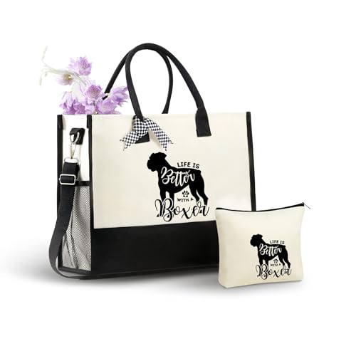 Bolso tote lona Boxer Dog para mujeres con cierre y correa miniatura 1