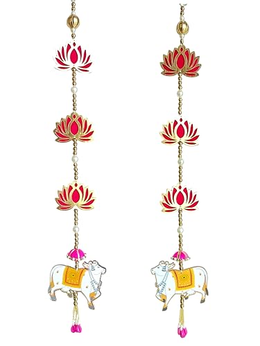 Image of Handcrafted Decorative Wall Decor for Ganpati Diwali Navratri and Pooja Setup Ethentic Hanging for Home Decor Festival Decoration for Home Entrance and Mandir Temple Decor (2 Hanging) (Lotus Cow)