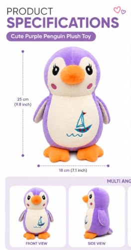 Image of Cute Penguin Soft Toy Plush for Kids | Premium Stuffed Penguin Doll | Ultra Soft Cuddle Pillow Toy | Animal Plush Teddy for Boys & Girls | Birthday Gift & Room Decor (Purple) 25CM