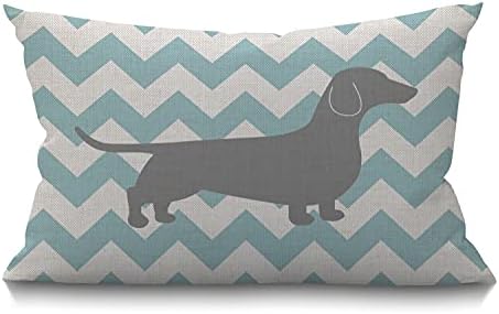 Dachshund Dog Pillow Dachshund Pattern Dog Teal Waves Striped Cotton Linen Cushion Cover Oblong Rectangle Pillow Cases for Men Women Boys Girls Kids Pillowcase Sofa Bedroom Livingroom 12x20 inch