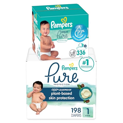 Image of Pampers Pure Protection Disposable Baby Diapers Size 1, 198 Count with Aqua Pure Baby Wipes, 6X Pop-Top Packs (336 Count)