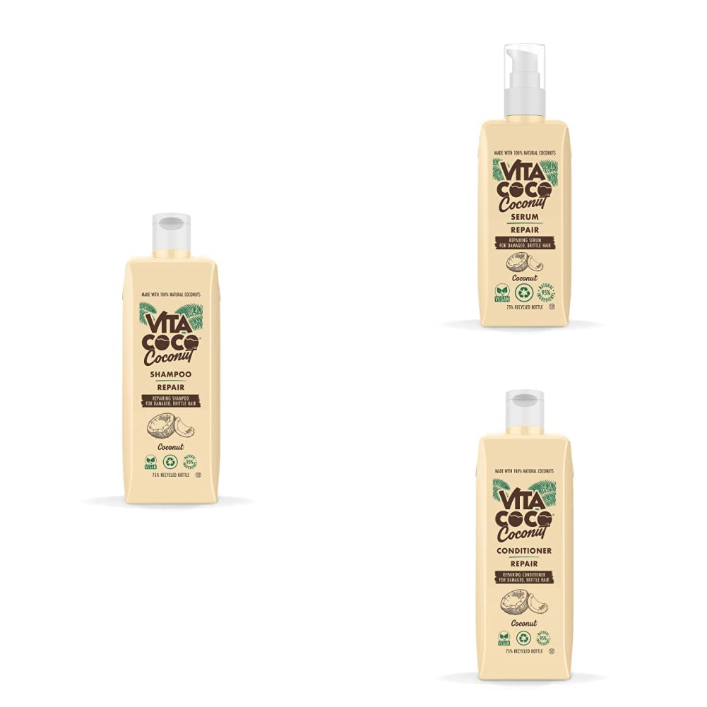 Repair Bundle with Shampoo 400ml, Conditioner 400ml and Serum 150ml for Damaged Hair and all hair types with 100% Natural Coconuts