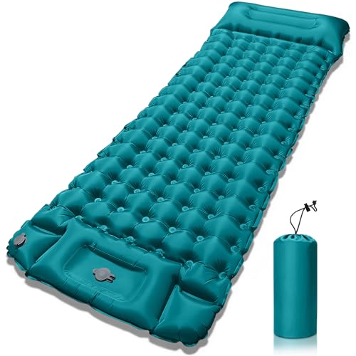 JUQG Isomatte Selbstaufblasend, wasserdichte Aufblasbare Schlafmatte mit Fußpumpe und Kissen, Ultraleicht und Tragbar, Geeignet für Camping, Wandern, Angeln, Reisen und Outdoor - Pfauen Blau