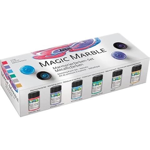 KREUL Magic Marble 73610 Metallic Marbling Paint Set 6 x 20 ml in Gold, Silver, Blue, Green, Red and Purple for Dipping Marbling Wood, Glass, Plastic, Paper, Metal and Polystyrene Cover