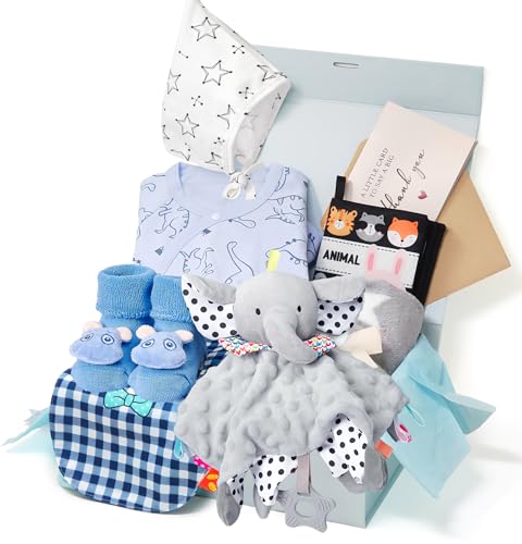 Golray 9pcs Baby Shower Gifts for Boys Newborn Kit Blanket/Elephant Soothe/Fabric Book/Bodysuit/Bib/Sock/Hat/Greeting Card Baby Essentials Stuff Gift for Newborn Boy Friend Newmom