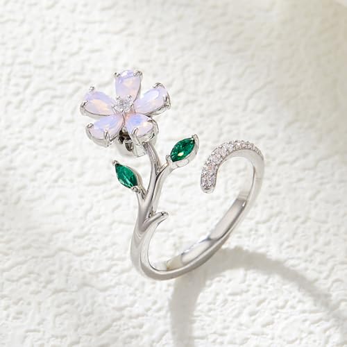 Kokoma Spinner Cherry Blossom Flower Ring for Women Pink Opal Cubic Zirconia Floral Leaf Wrap Finger Band Open Statement Rings Eternity Promise Rings Bands Christmas Jewelry4