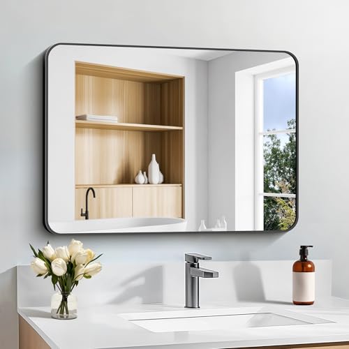 Image of Bathroom Mirror, 18 x 24 inch Metal Framed Black Rectangle Mirror, Rounded Corner Rectangular Vanity Mirror, Wall Mounted Mirror for Modern Bedroom Living Room Hangs Horizontal or Vertical