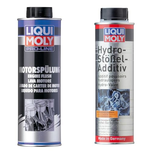 LIQUI MOLY Pro-Line Motorspülung | 500 ml | Öladditiv | Art.-Nr.: 2427 & Hydrostößel Additiv | 300 ml | Öladditiv | Art.-Nr.: 1009
