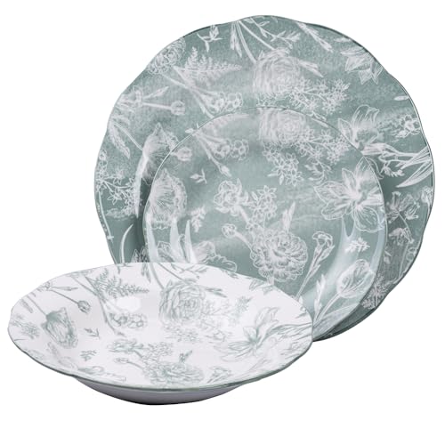 Service d'assiettes 18 pièces en porcelaine, 6 places de table, décor floral, vert, Fleurette