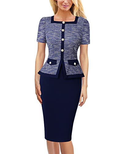 VFSHOW Womens Square Neck Buttons Peplum Cocktail Party Work Business Bodycon Pencil Dress