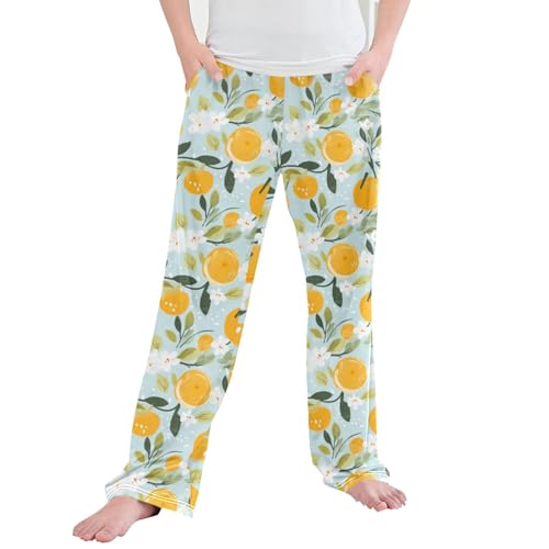 Orange Fruit Long Pajama Pants Elastic Waist PJ Bottoms with Pockets S A111845