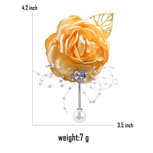 Rose Flower Crystal Pearl Wedding Brooches Cloth Art Floral Leaf Suit Shirt Lapel Brooch Pin Fashion Jewelry Boutonniere For Men Women Gold Plated (Yellow) #TOP2