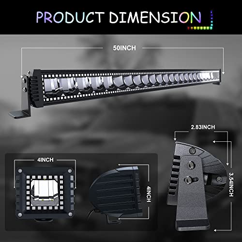 FEELON 50" RGB LED Light Bar 2Pcs 4" Flood LED Pods with Multi-Color Chasing RGB Halo 16 Solid Colors Over 92 Flashing Modes Offroad Lights Driving Lamp Fog Lights with Switch Wiring Harness by FEELON - Image 2