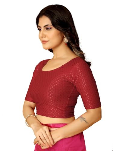 Image of Amazon Brand - Anarva Round Neck Dobby Cotton Lycra Stretchable Elbow Half Sleeve Readymade Saree Blouse for Women Stylish