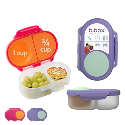 b.box Snack Box 2-Pack - Leak Proof Mini Bento Box for Kids & Toddlers, 2 Compartment Snack Containers for Kids, Dishwasher Safe, BPA-Free, PFAS-Free, Ages 4mo+, 1 3/4 Cup Each (Strawberry + Lilac)